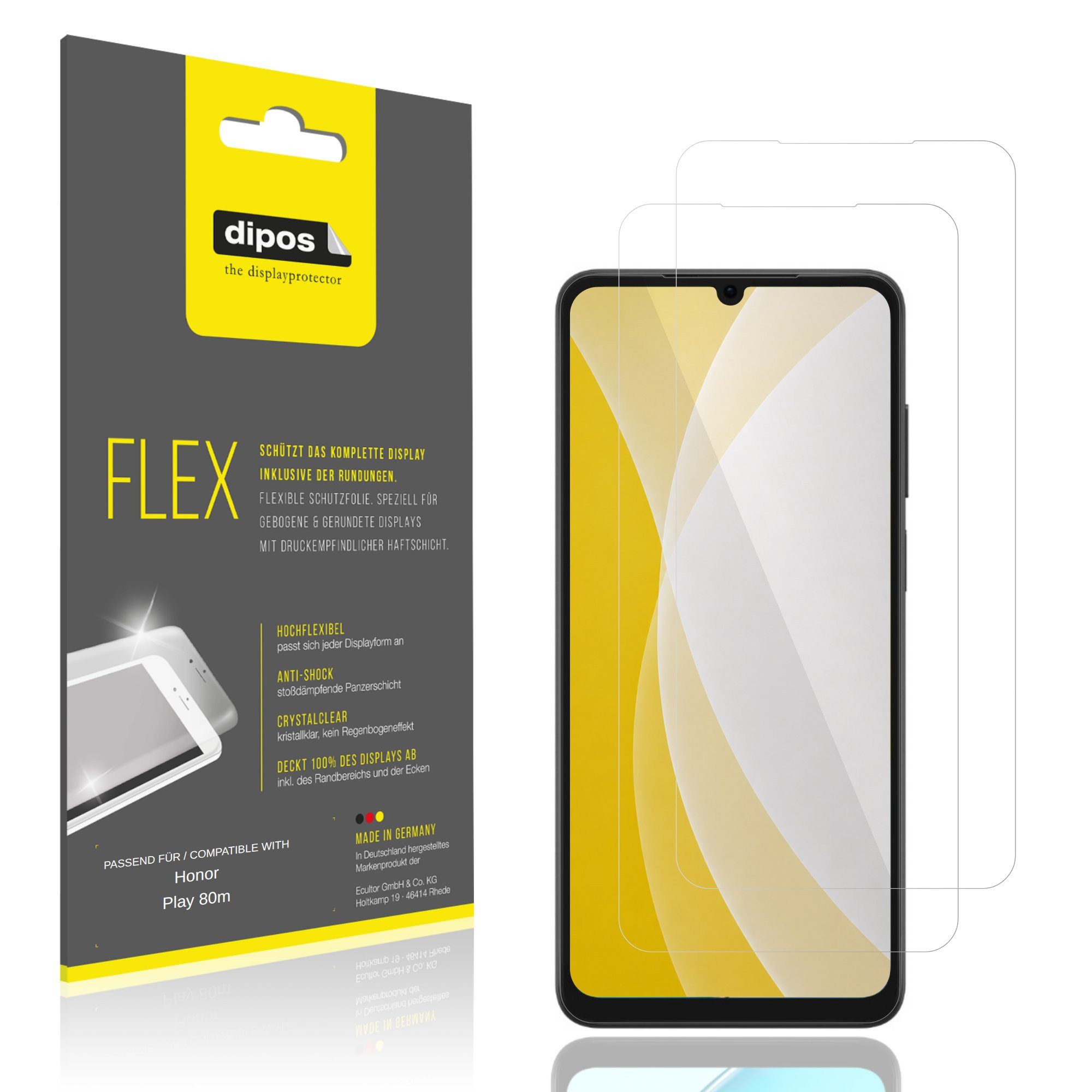 dipos Displayschutzfolie Schutzfolie für Honor Play 80m, 2 Stück, Displayschutz Schutz Folie Made in Germany