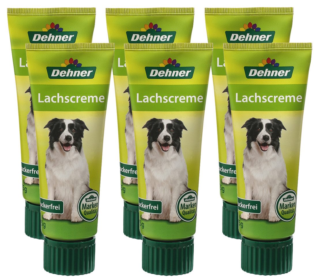 Dehner Hundesnack Lachs Creme, 6 x 75 g Tube (450 g), zuckerfrei, für: Hunde, Leckerli für ausgewachsene Hunde, Lebensmittelqualität