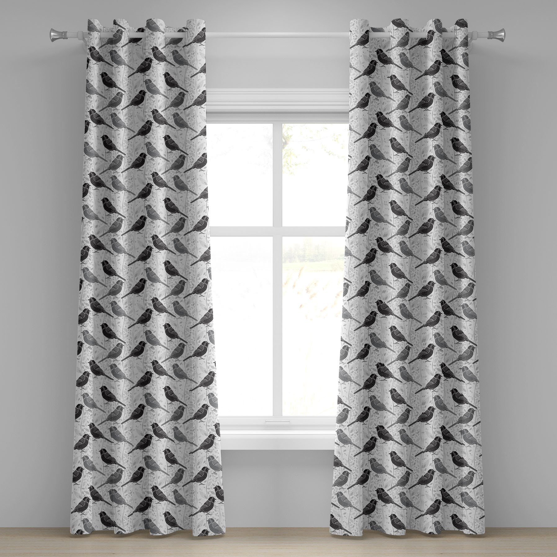 Gardine Dekorative 2-Panel-Fenstervorhänge Vögel Grau und Schlafzimmer Abakuhaus, Blumenmuster für Wohnzimmer