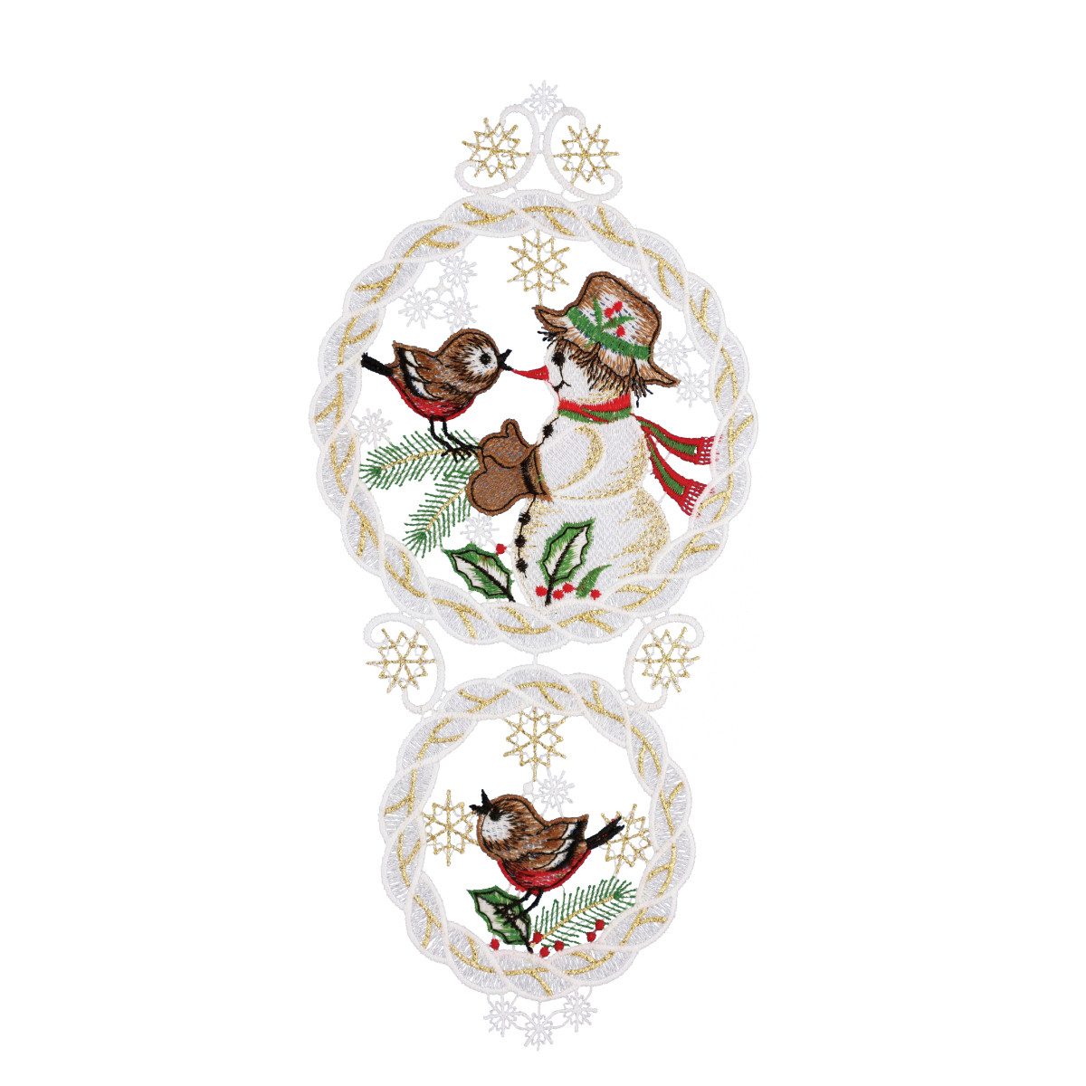 W. Reuter & Sohn - Plauener Spitze® Fensterbild Fensterbild "Schneemann mit Vogel", farbig, 15 x 32 cm Plauener Spitze