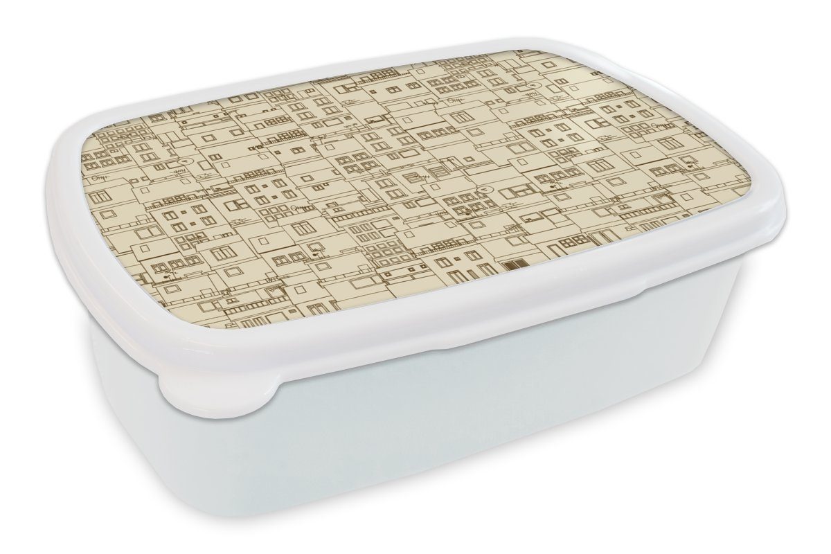 MuchoWow Lunchbox Muster - Haus - Skyline, Kunststoff, (2-tlg), Brotbox für Kinder und Erwachsene, Brotdose, für Jungs und Mädchen weiß