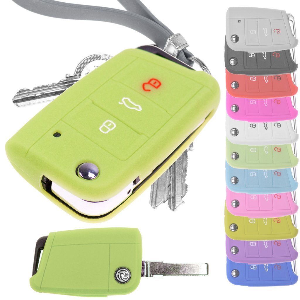 mt-key Schlüsseltasche Autoschlüssel Softcase Silikon Schutzhülle fluoreszierend Grün, für Golf 7 Polo 6C Seat Ateca Arona Leon Skoda Octavia Superb Kodiaq