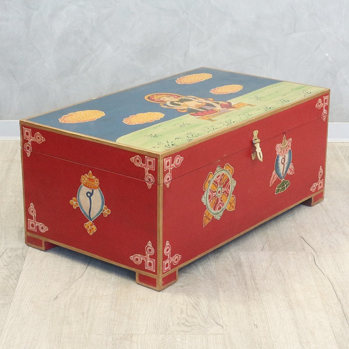 Oriental Galerie Truhe Indische Truhe Rot mit aufwendiger Buddha Malerei 70 cm
