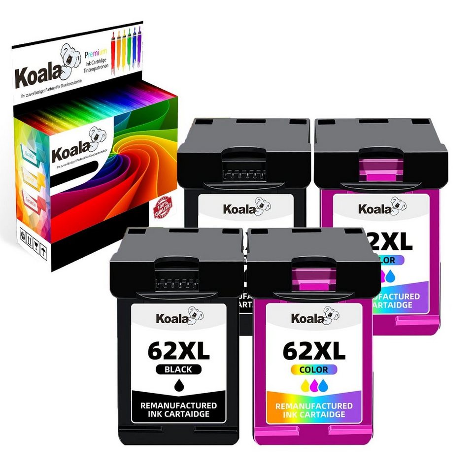 Koala 4er Set ersetzt HP 62XL HP 62 XL HP62XL Black & Color Multipack  Tintenpatrone (Packung, HP 62 XL Druckerpatronen OfficeJet 5740 5742 Envy  5540 5548 5646 5545)