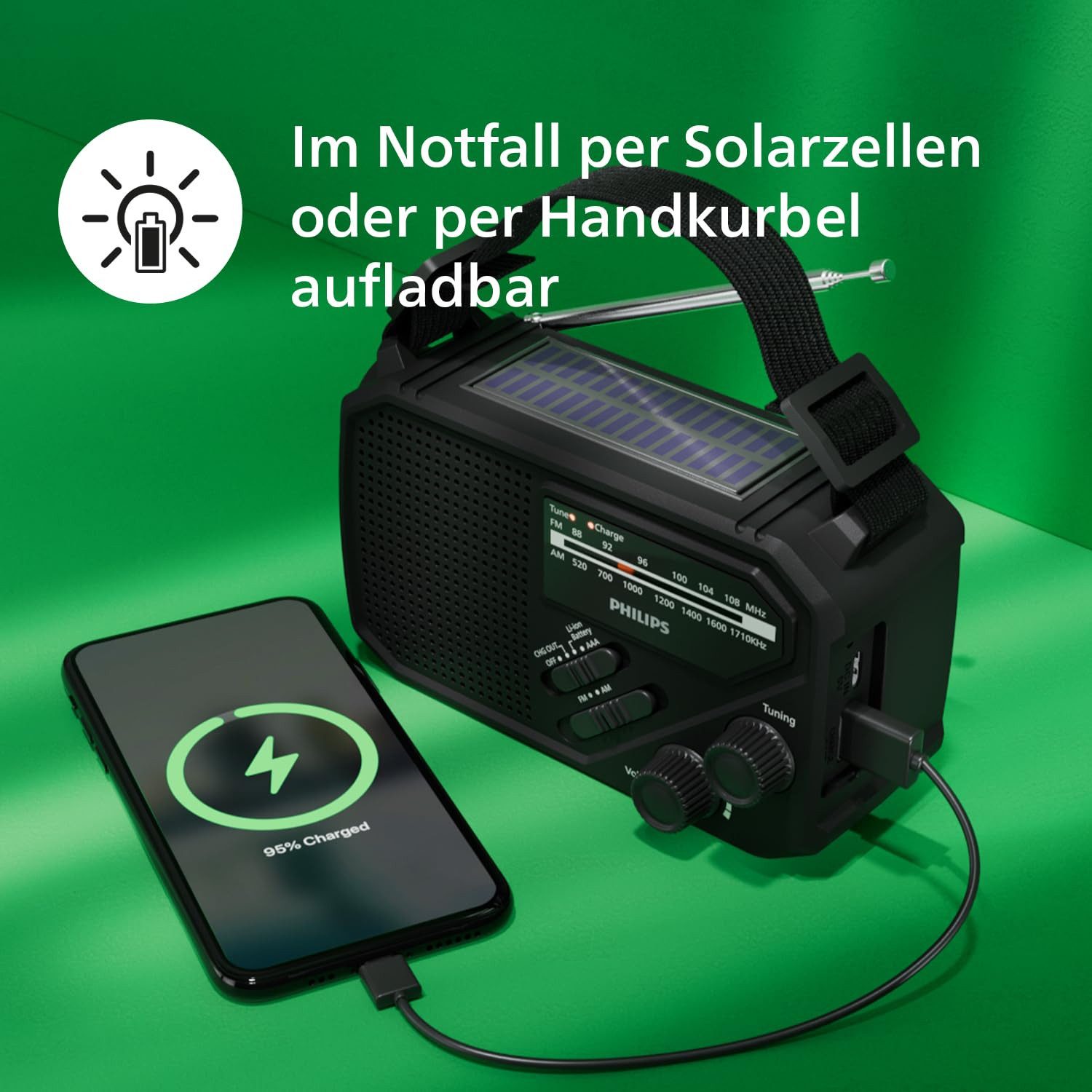 Philips TAR1609/00 Notfallradio Kurbelradio Solarradio Notfallradio (AM-Tuner, FM-Tuner, 1 W, Kurbelradio, LED-Leuchte, lauter SOS-Alarm + Blinkleuchte, USB-C,U – Bild 4 von 5
