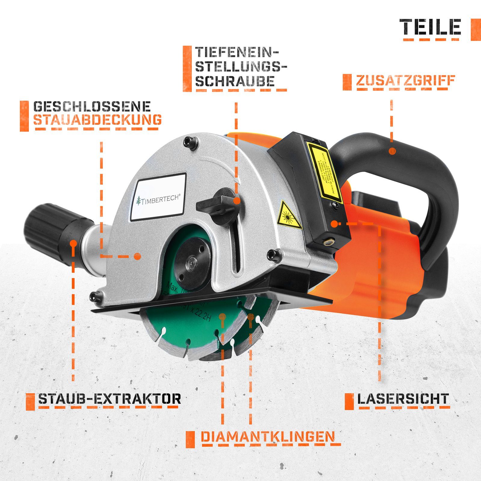 TIMBERTECH Mauernutfräse Mauernutfräse mit Laser 150mm 4.000 Diamantscheiben 1700W, U/min, 