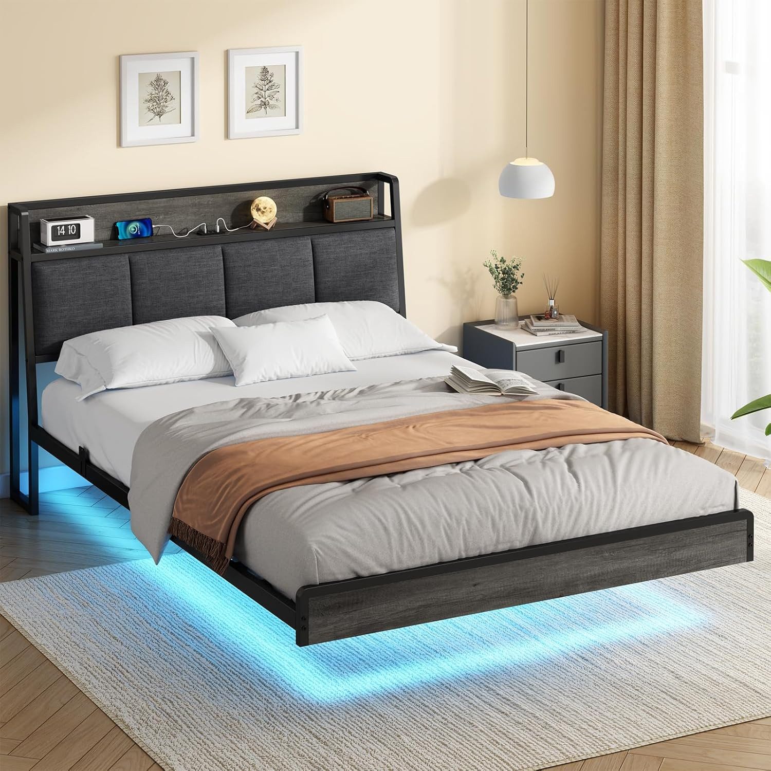 KIMENICH Polsterbett mit USB Ladefunktion und LED-Beleuchtung, Schwebender visueller Effekt (1-tlg., Ohne Matratze), Jugendbett Bettgestell 140x190cm