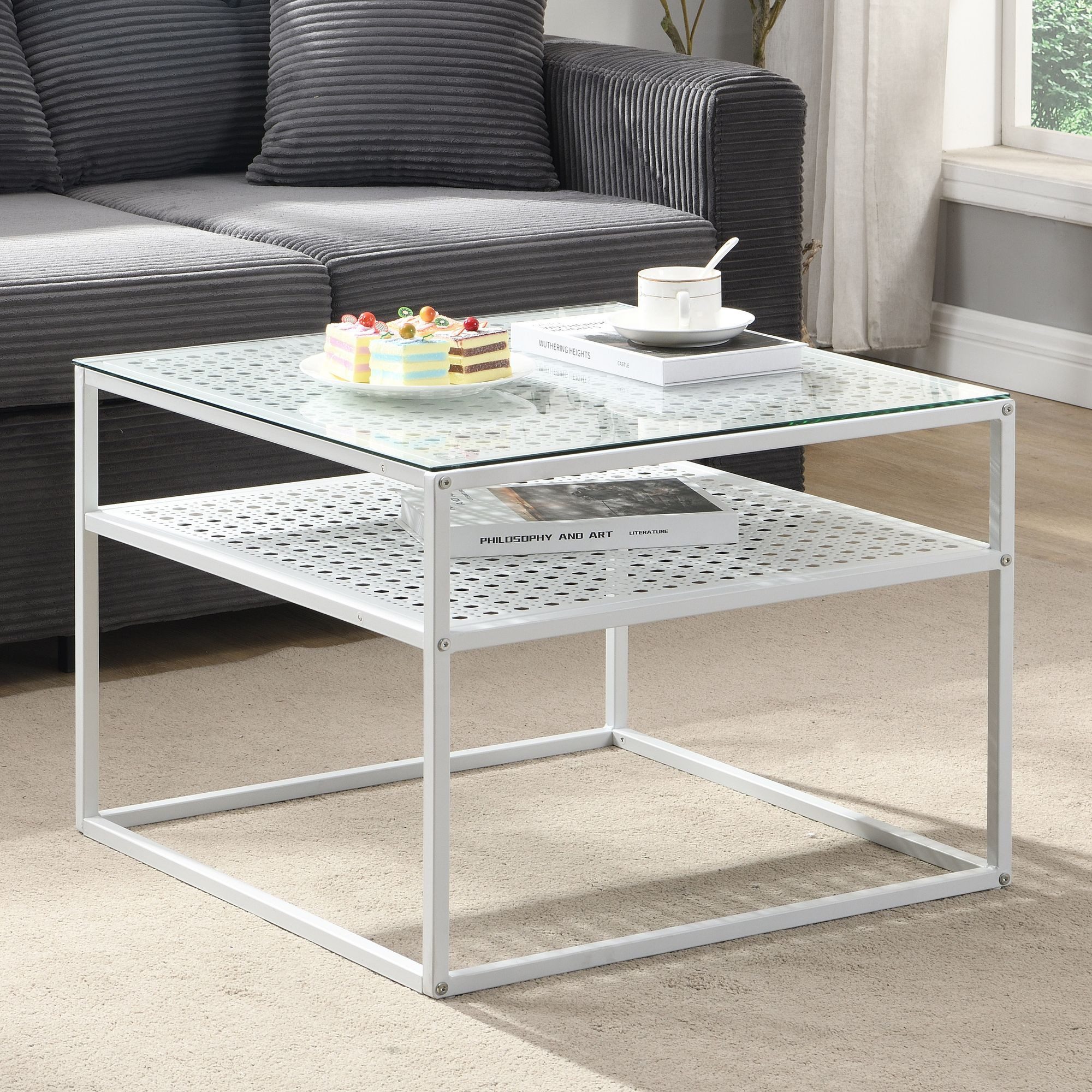Wohnling Couchtisch WL7.326 Glas Metall Weiß 60 cm Quadratisch Wohnzimmertisch Ablage (Sofatisch Glas Quadratisch 60 cm Weiß Ablage), Wohnzimmertisch Industrial, Metallgestell Modern