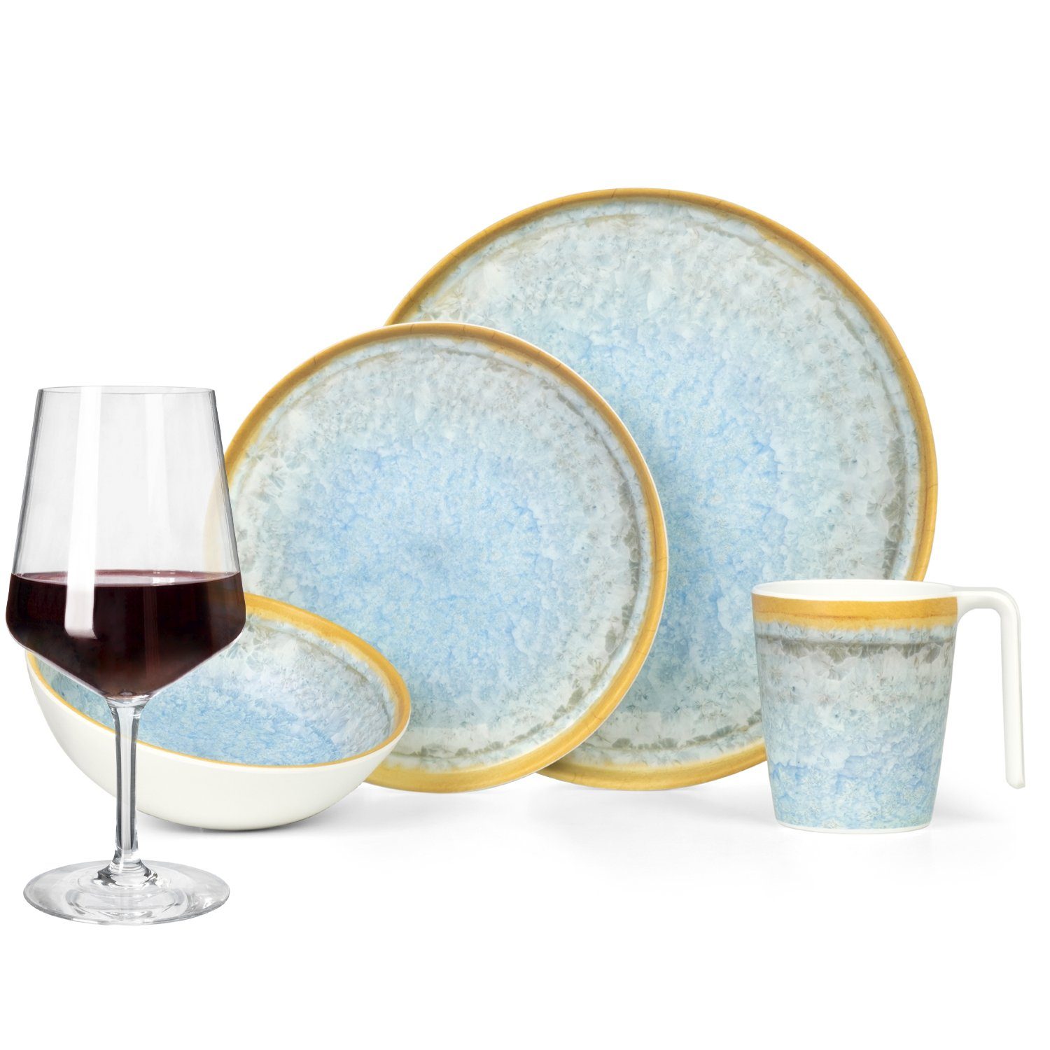 Moritz Geschirr-Set Camping Geschirr Crystal Blue + Milano Rotweingläsern