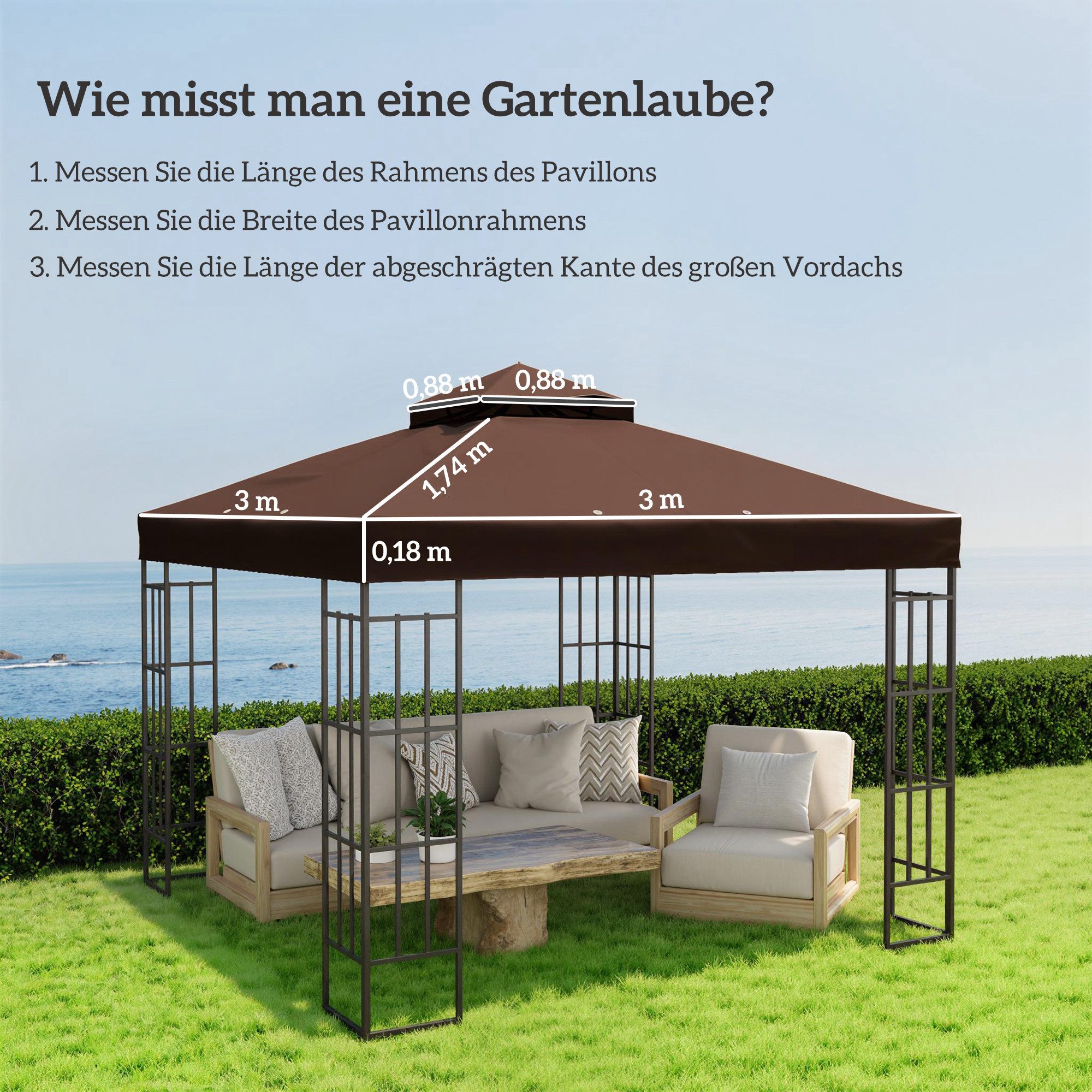 Outsunny Pavillon-Ersatzdach mit Doppeldach, 370 g/m², 300.0 x 300.0 cm (Pavillondach, Ersatzbezug), Kaffee exkl. Rahmen