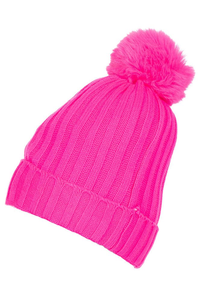 Karneval-Klamotten Kostüm Ski Mütze Skifahrer neon pink mit Bommel 80er, Skimüzte Karneval Strickmütze Pudelmütze knallig Winter Motto Party´s