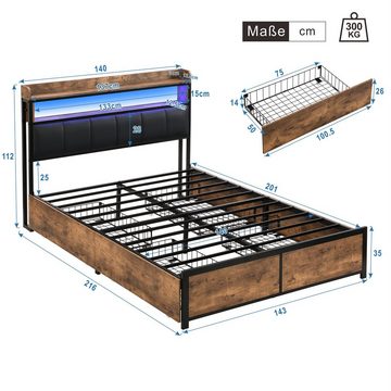 Flieks Holzbett, LED Beleuchtung Doppelbett 4 Schubladen Polsterkopfteil 140x200cm