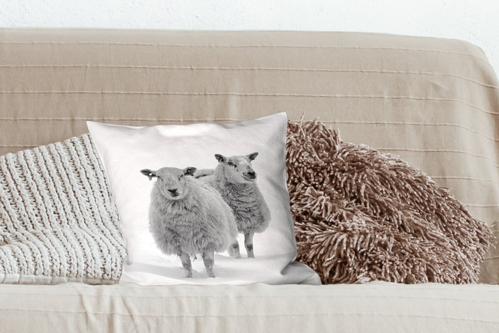 Weiß, Schlafzimmer, Dekokissen mit MuchoWow Schnee Füllung für Deko, Wohzimmer, - Sofakissen Schafe Zierkissen -