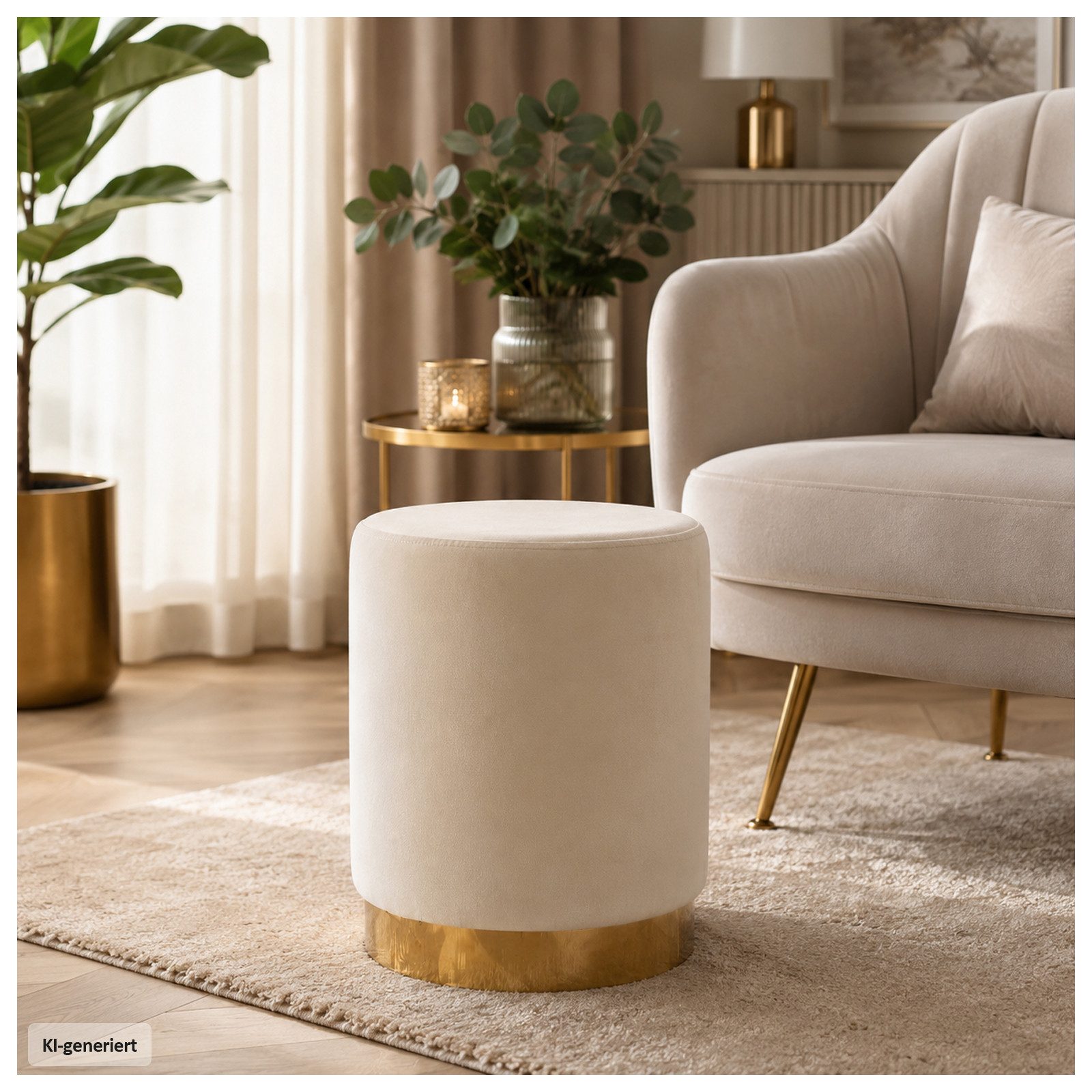 HTI-Living Polsterhocker Hocker Reese Velvet Beige (1 Stück, 1 St., 1 Hocker), Sitzzylinder mit samtiger Oberfläche und goldenem Sockel