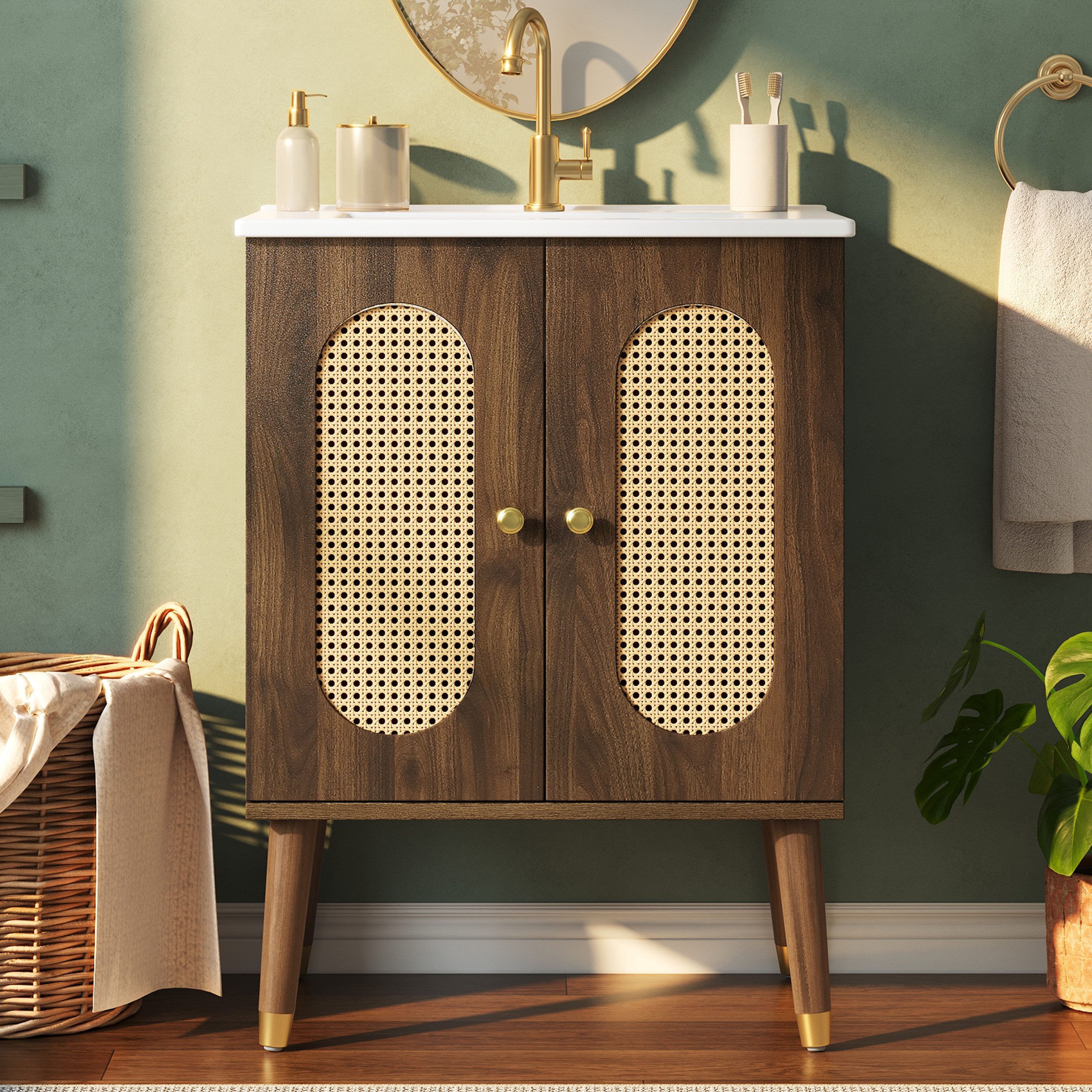 Merax Waschtisch mit Waschbecken, Holzoptik Unterschrank freistehend (ohne Wasserhahn, 1-St), Badmöbel Badschrank mit 2 Rattantüren, Ablagen & Stauraum, 61×47×89cm