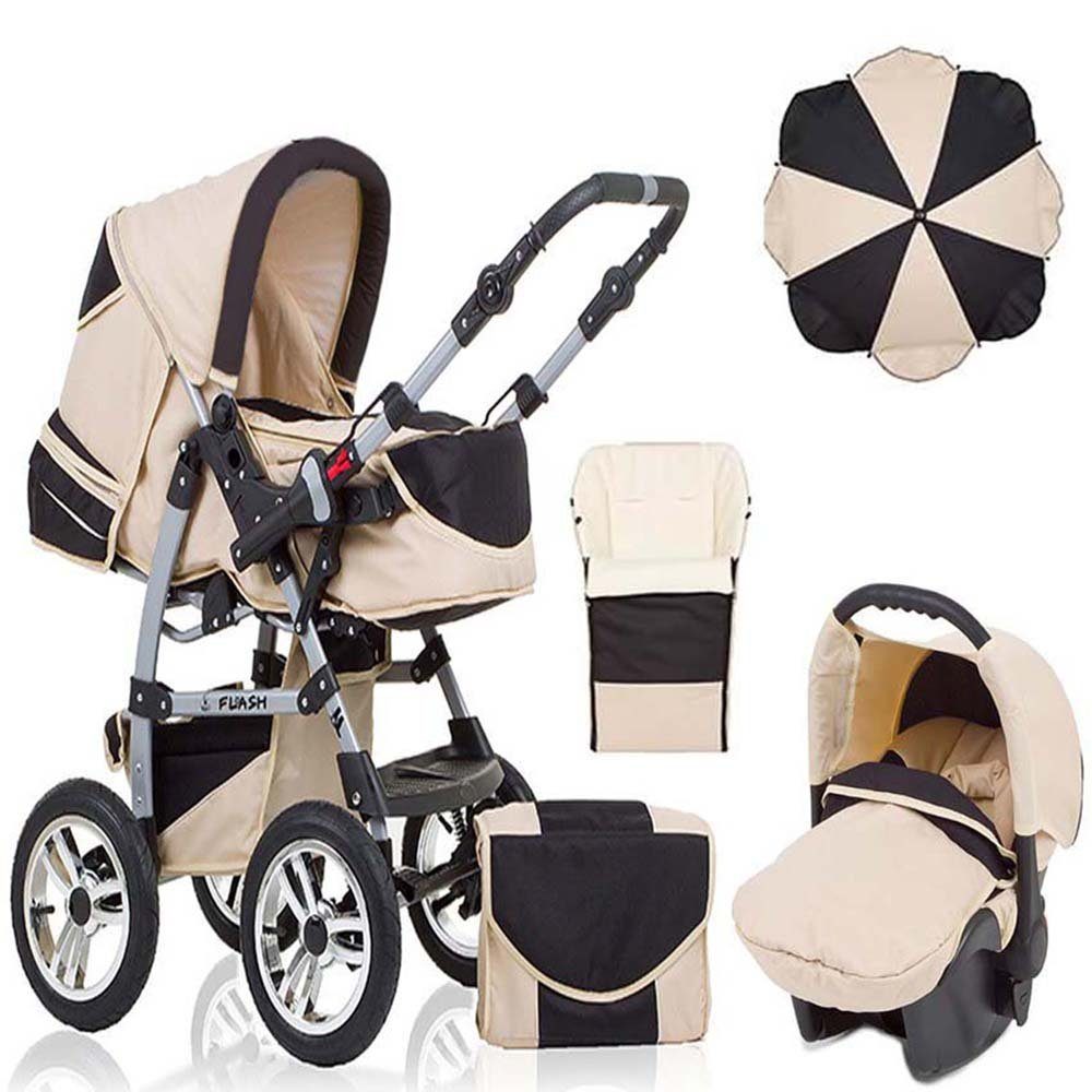 babies-on-wheels Kombi-Kinderwagen 5 in 1 Kinderwagen-Set Flash inkl. Autositz - 17 Teile - in 18 Farben Sand-Schwarz