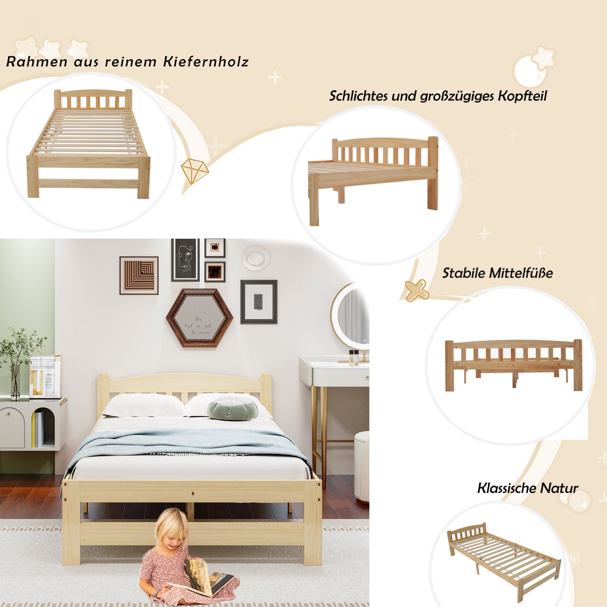Massivholzbett (Futonbett), Einzelbett mit Kopfteil und Lattenrost, 90x200 cm