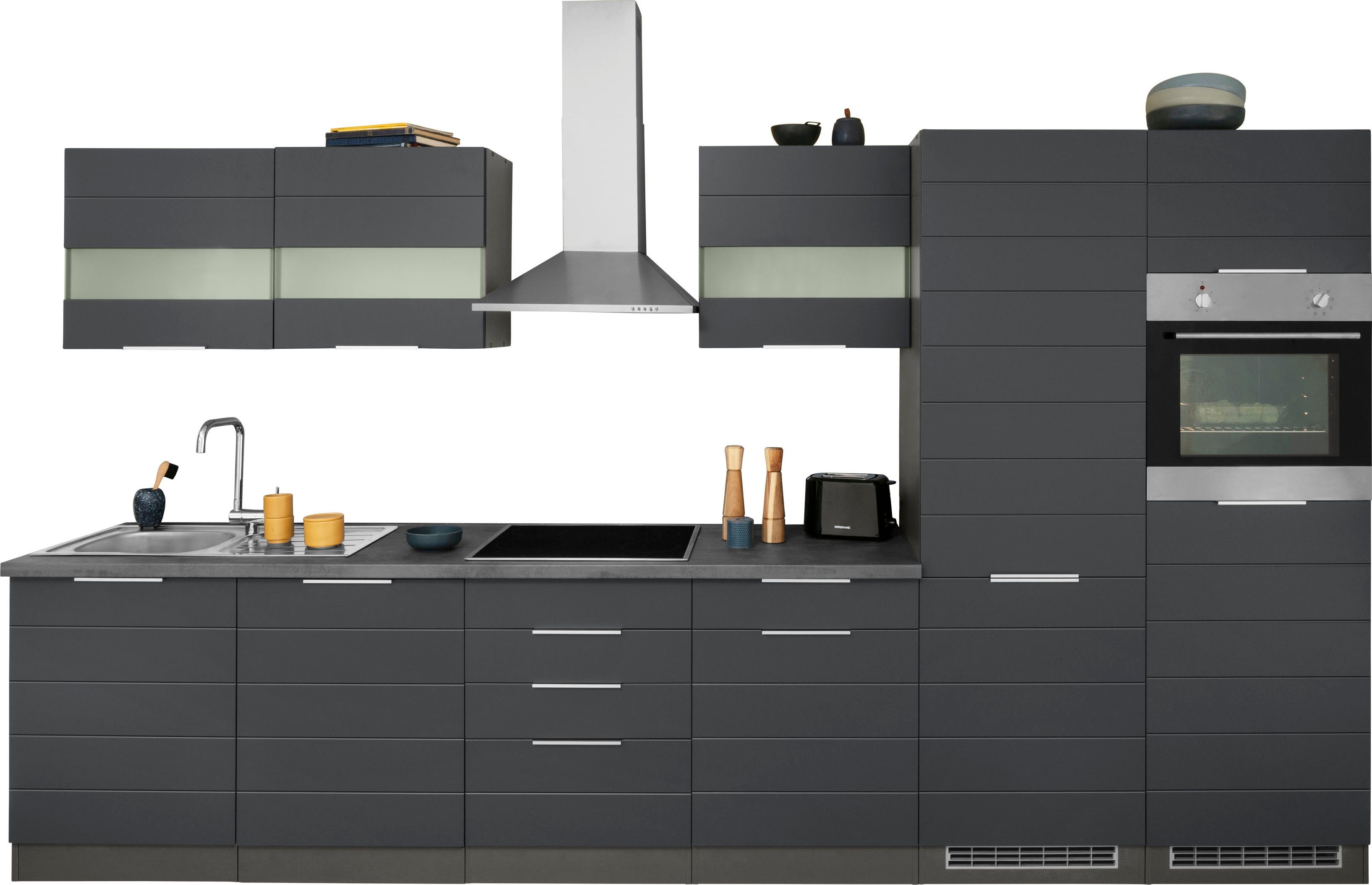HELD MÖBEL Küche Luhe, 360 cm breit, wahlweise mit oder ohne E-Geräten, gefräste MDF-Fronten grau