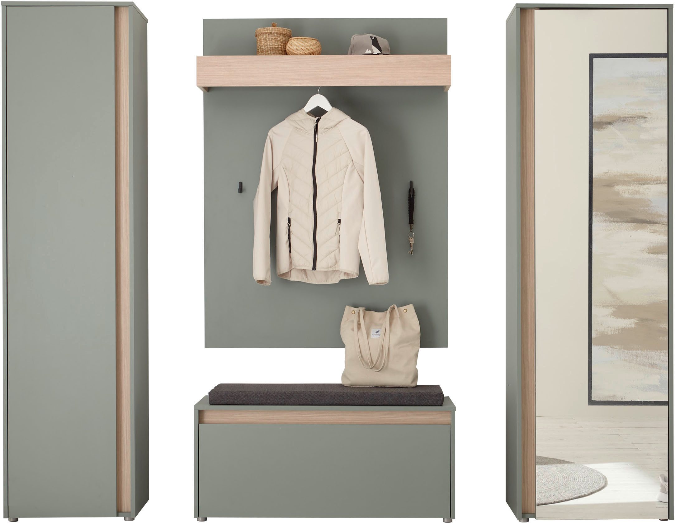 Home affaire Garderoben-Set GIRON/CiTY, moderne Garderobe, Komplettset mit viel Stauraum, (Komplett-Set, 4-St), enthält Garderobenschränke, Paneel & Schuhbank +Sitzkissen