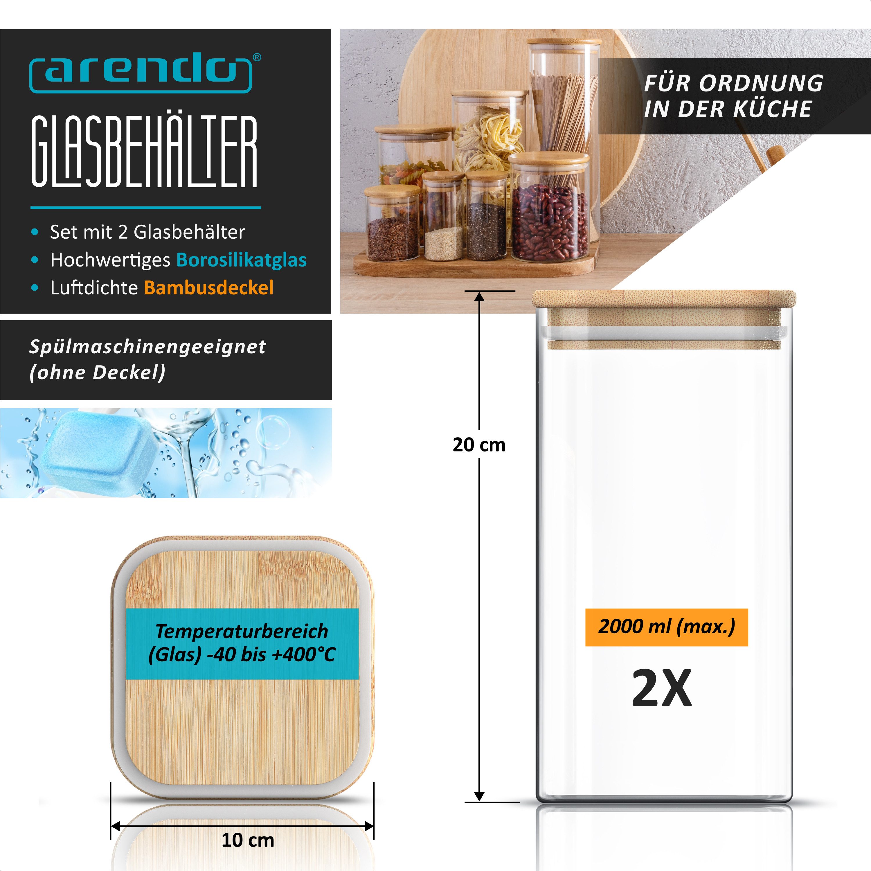 Arendo Aufbewahrungsbecher Glasbehälter 2x 2L, 2x 1,5L & 2x 1L Borosilikat Bambusdeckel luftdicht, Borosilikatglas, Bambus, Silikon, (Vorratsbehälter-Set, 6-tlg – Bild 4 von 5