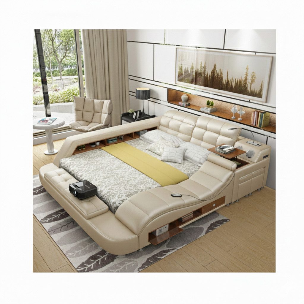 JVmoebel Multimediabett Multifunktionales Bett Moderner Stil Beigefarben Holzrahmen Weich (2-tlg)