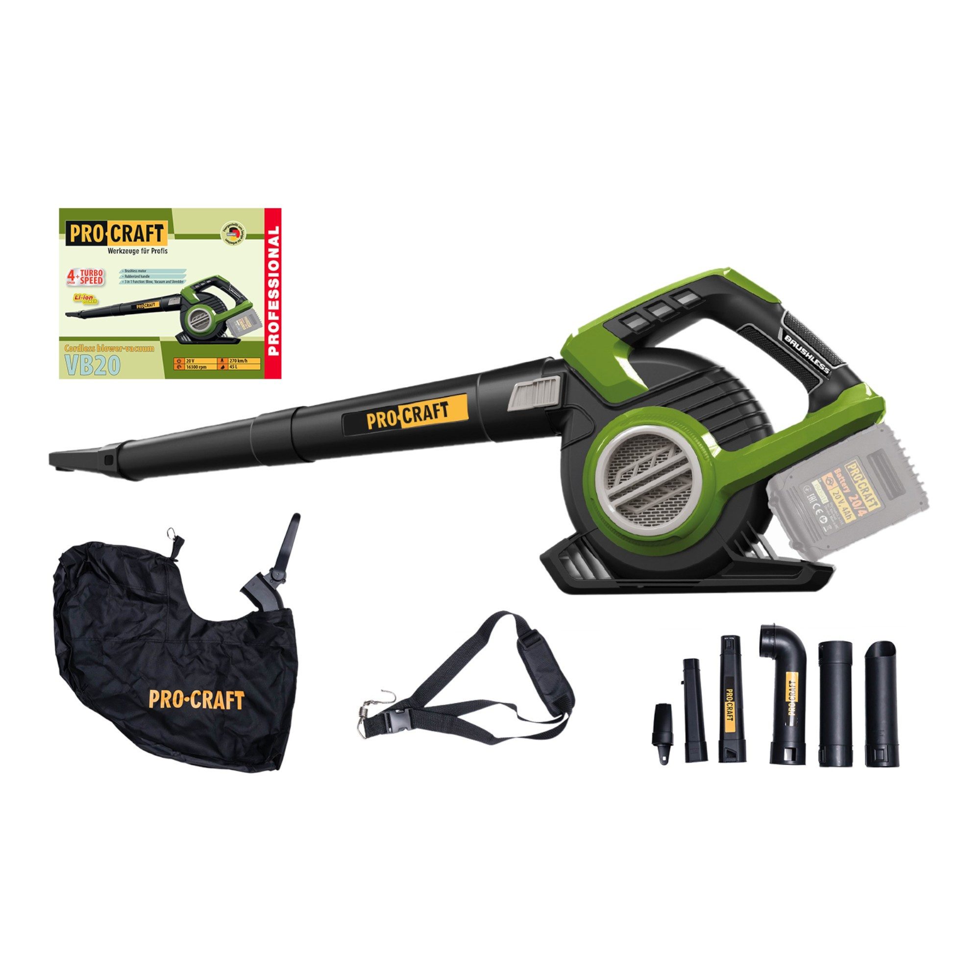PRO CRAFT Akku-Laubbläser VB20 Akku Laubbläser und Laubsauger 40 V (2x 20 V) Brushless Solo