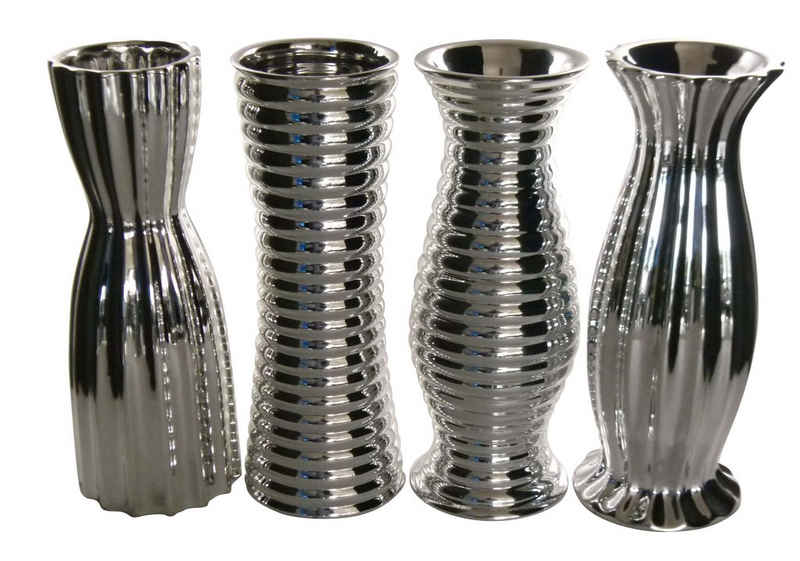 GlasArt Tischvase GlasArt 4er Set Keramik-Vase Silber-glänzend edel modern 22cm hoch 4 versch Vasen im Set (4 St), aus Keramik