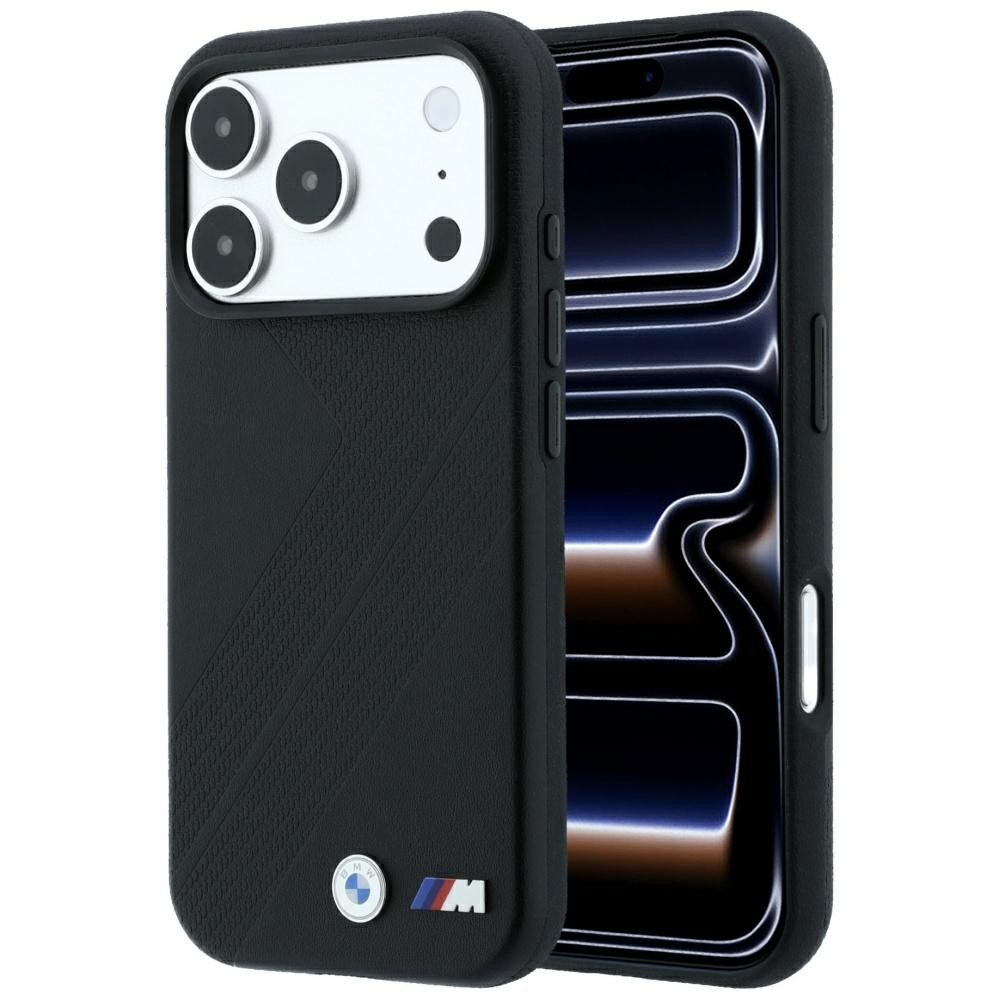 BMW Handyhülle Tire-Track Hülle iPhone 18 Pro Kunstleder schwarz MagSafe Logo Metall 6,3 Zoll, Kantenschutz