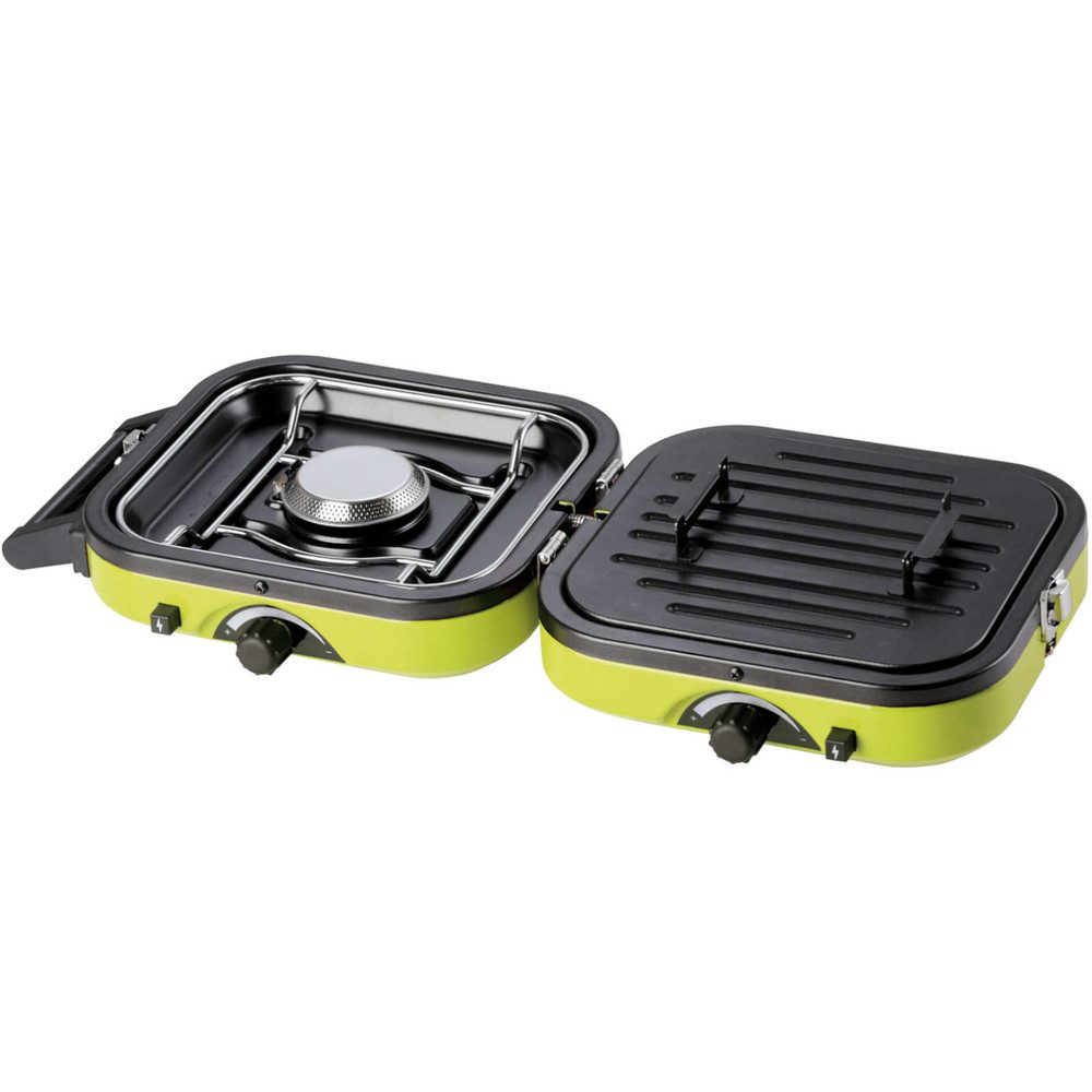 PrimeVal Gaskocher Doppelbrenner Campingkocher Grillkocher, (Spar-Set, 1-St., 51 x 22 x 10 cm klappbar), Klappbar, Piezozündung, 2 Brenner, Grillplatte – Bild 5 von 5