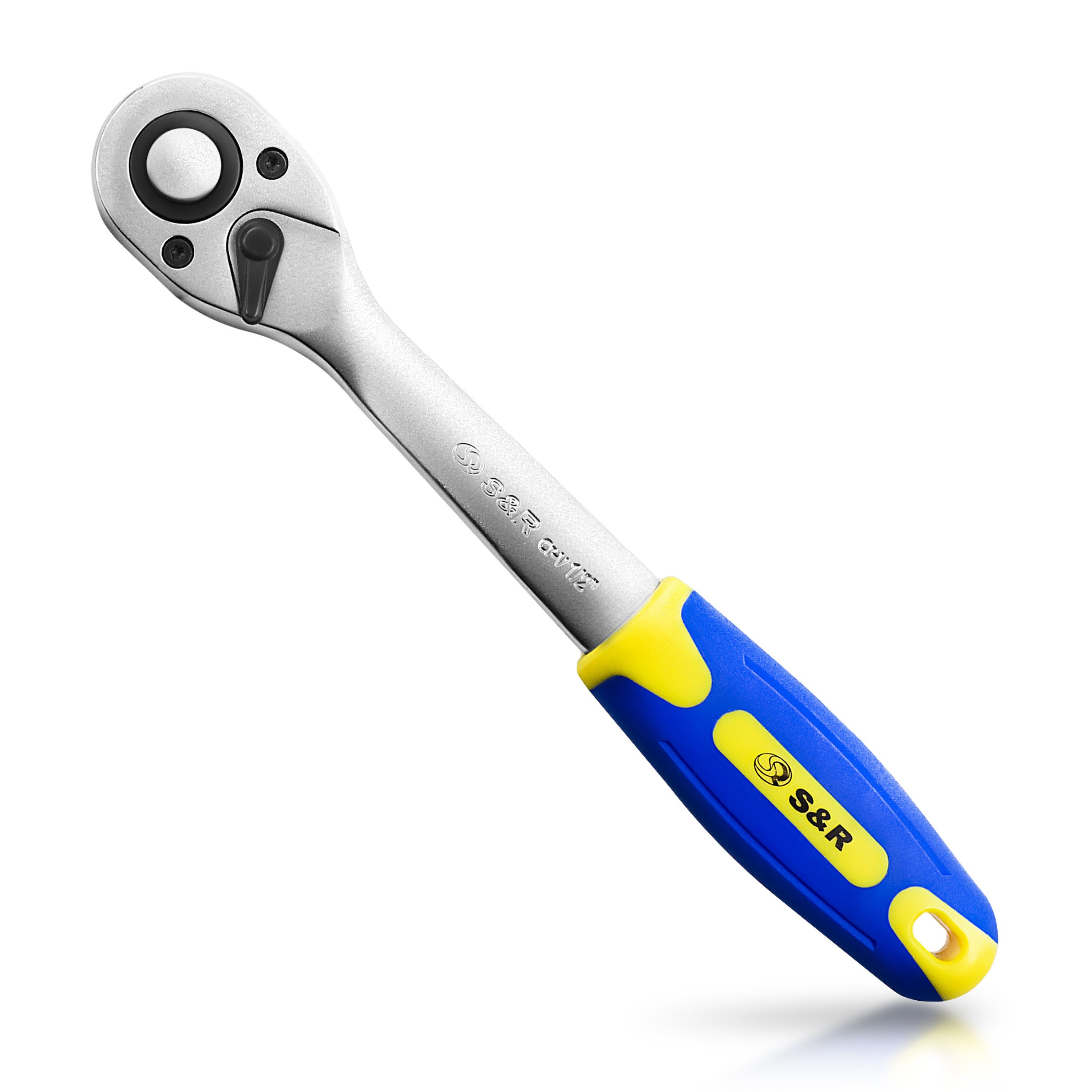 S&R Umschaltknarre 1/2', CrV-Stahl, umschaltbare Ratsche für Links- und Rechtsanzug, 45 Zähne, angewinkelter Griff, Vierkantabtrieb, Betätigungswinkel 8°