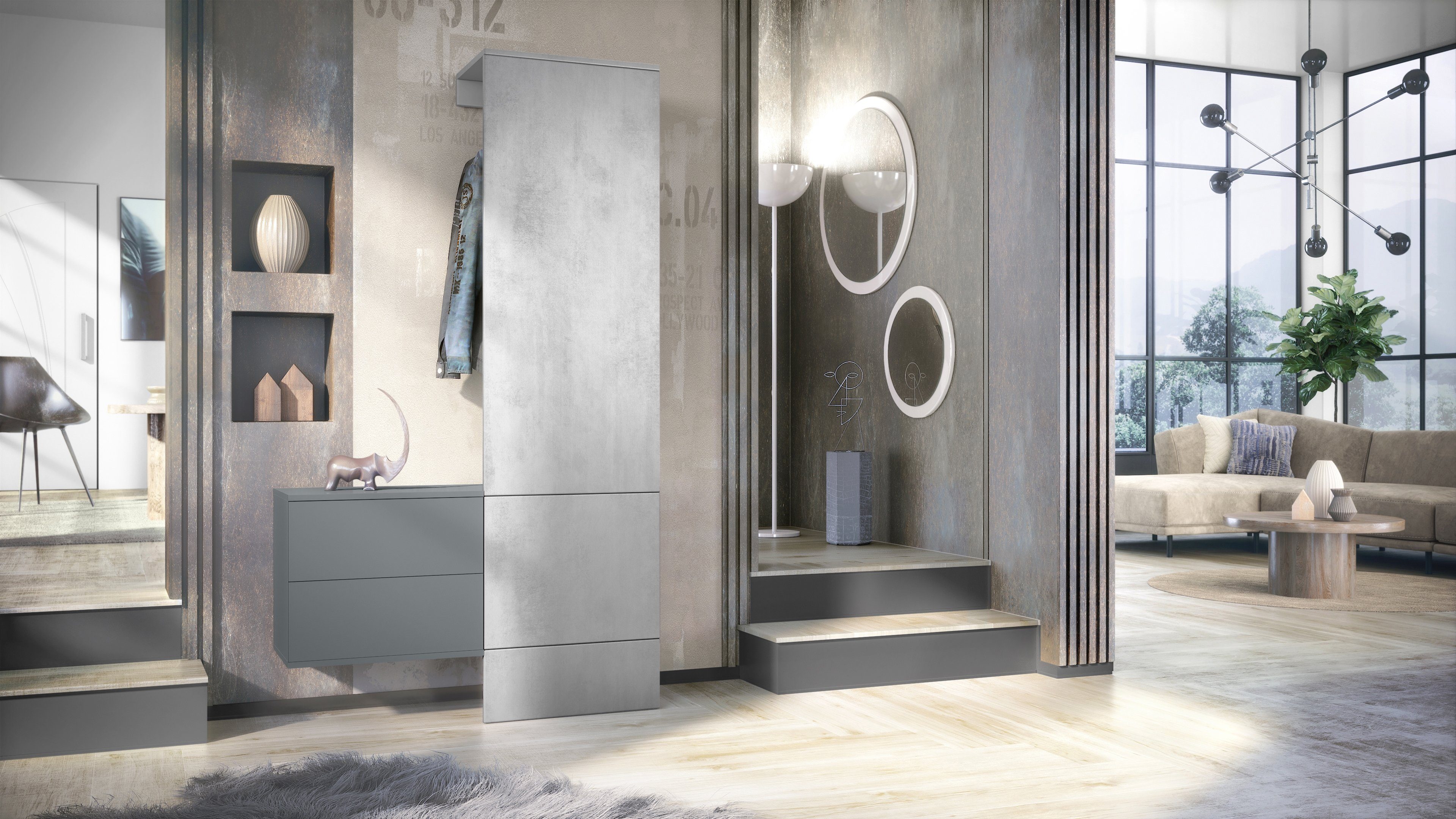 Vladon Garderoben-Set Carlton Set 2, (Wandgarderobe bestehend aus, 1 Paneel und 1 Schubkastenschrank), Anthrazit matt/Beton Oxid Optik (105 x 193 x 35 cm)