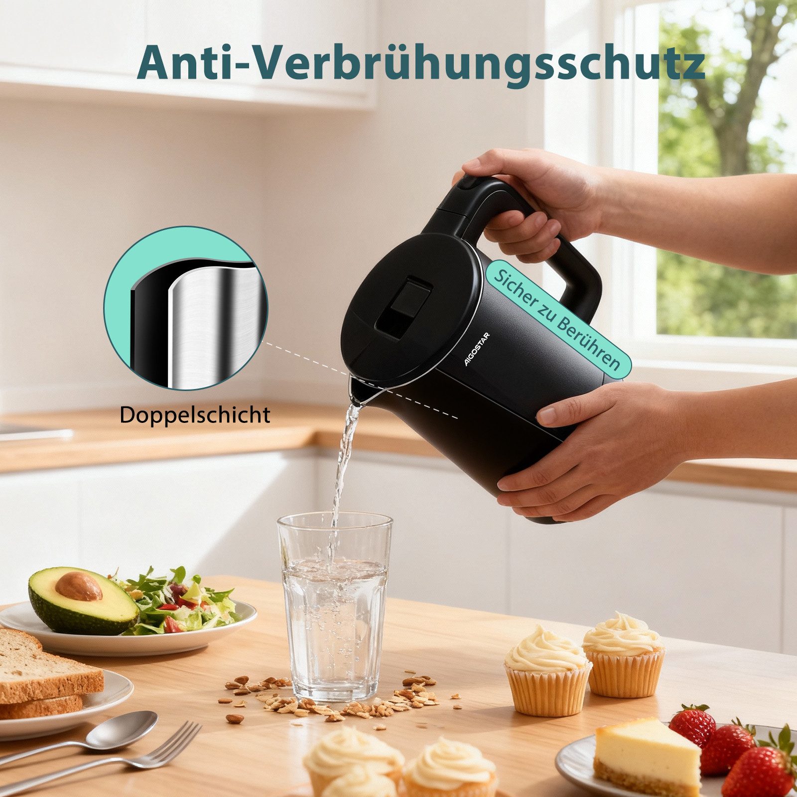 Aigostar Wasserkocher Edelstahl Doppelwand Design Elektrischer Wasserkocher BPA frei Schwarz, 1.7 l, 2200,00 W, Edelstahl, Doppelwand Design, Schnelles Erhitzen