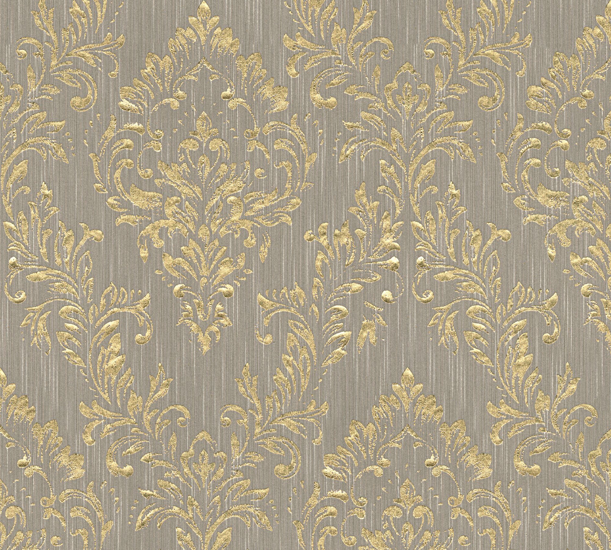 Metallic glänzend, gold/dunkelbeige Ornament Silk, matt, Tapete Barock Textiltapete Paper Architects Barock, samtig,