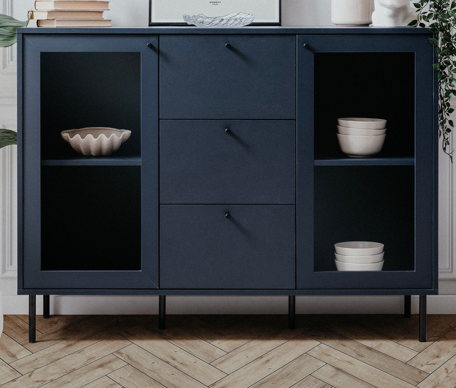 Furn.Design Kommode Barina (Sideboard in dunklem blau, 120 x 90 cm), mit 3 Schubladen