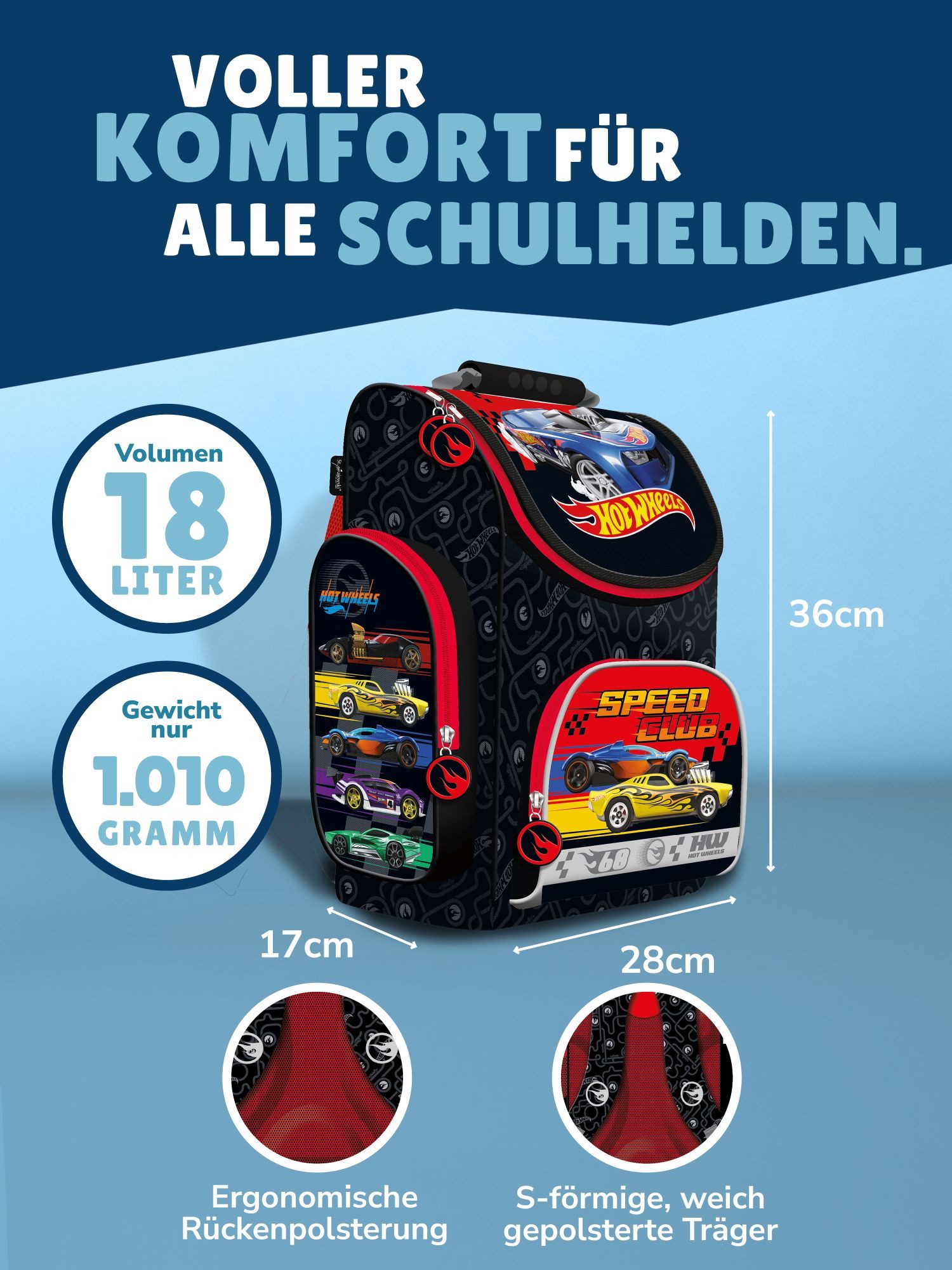 Familando Schulranzen Hot Wheels Schultasche 1. Klasse, leicht, kompakt, ergonomisch (7-tlg., inkl. Federmapppe, Brotbox und Trinkflasche), ergonomischer Tornister für Jungen und Mädchen