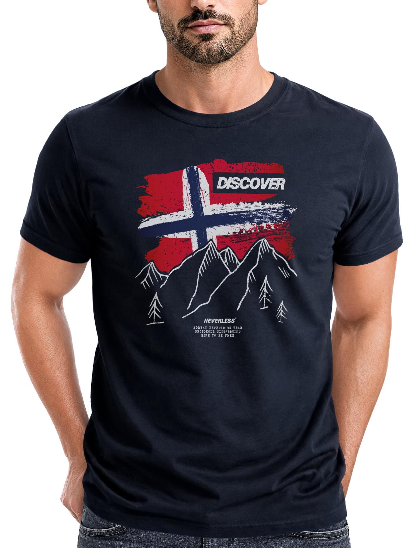 Neverless Print-Shirt Herren T-Shirt Norwegen Flagge Berge Discover Printshirt Outdoor mit Print