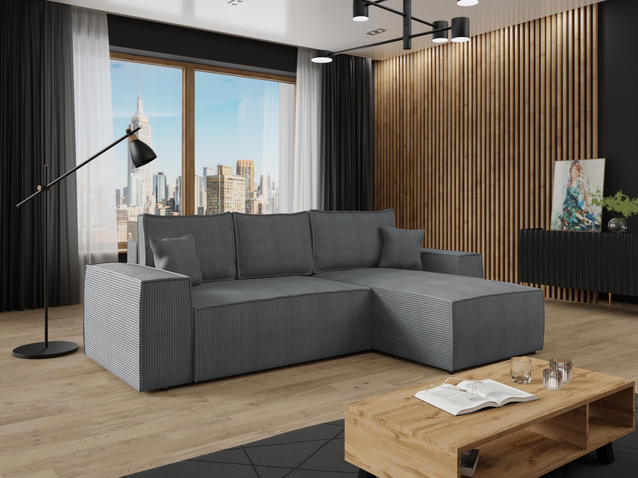 MIRJAN24 Ecksofa Malaga L Cord, mit Bettkasten und Schlaffunktion, Rückenlehne in Form beweglicher Kissen