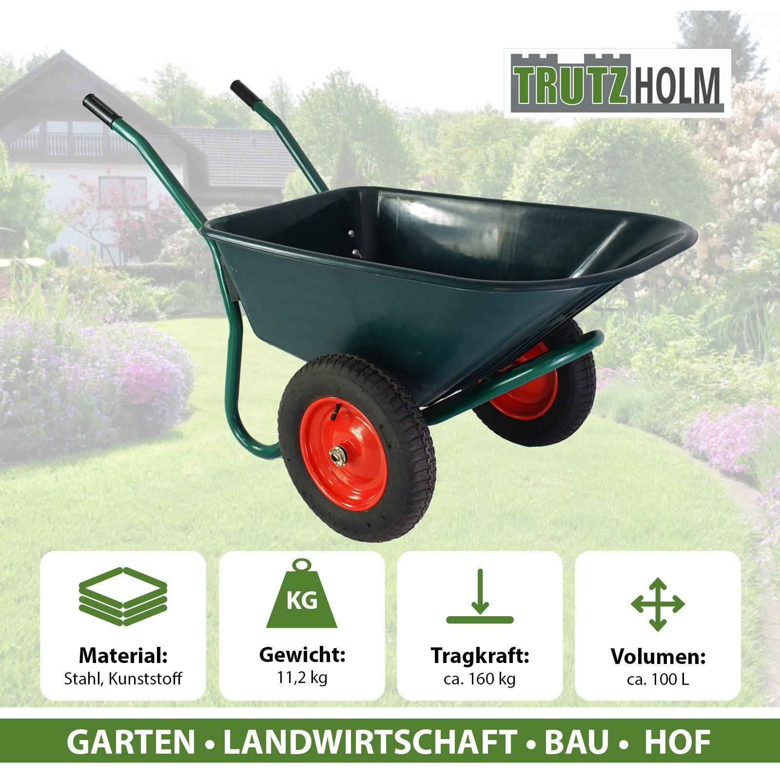 TRUTZHOLM Schubkarre 2-Rad Schubkarre 100L 160kg Gartenschubkarre Lufträder Stahlfelge, (Artikel), 100L,160kg
