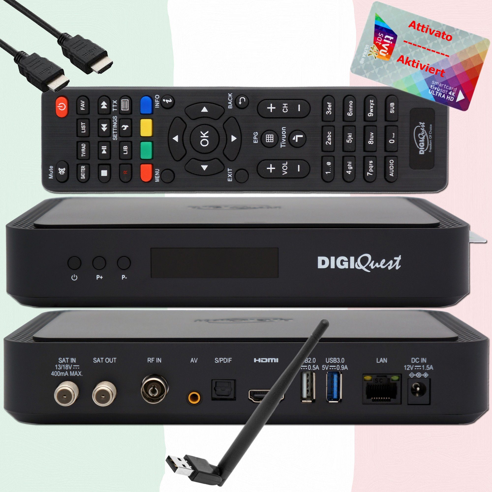 DIGIQuest TivuDat Karte 4K + DIGIQuest Q90 4K Receiver + WiFi Stick (AKTIVIERT) SAT-Receiver