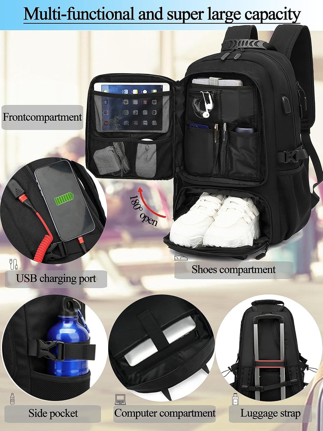 AURIVION Notebook-Rucksack Rucksack Laptoprucksack Rucksack Schulrucksack Wasserbeständig mit USB (Set, 1-tlg., insgesamt 9 Taschen, ermüdungsfreies Tragen), 60 Liter, 2 reflektierende Streifen), mit separates Schuhfach