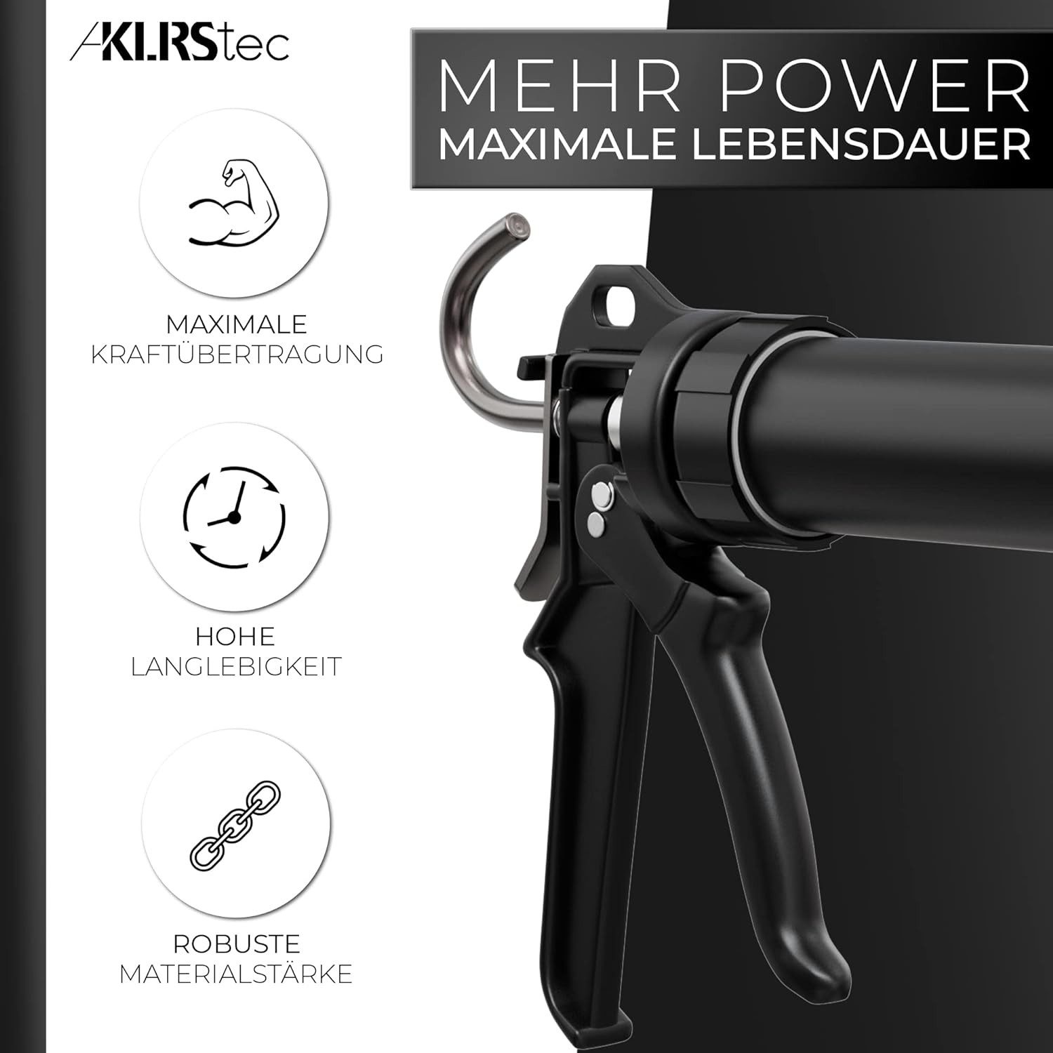 KLRStec Kartuschenpistole XL 600ml aus Metall, (Geschlossene Profi 4K Beutel Kartuschenpistole, für alle gängigen 310-600ml Dicht- und Klebstoffkartuschen), (Silikon, Acryl, Lehm etc) mit Zubehör