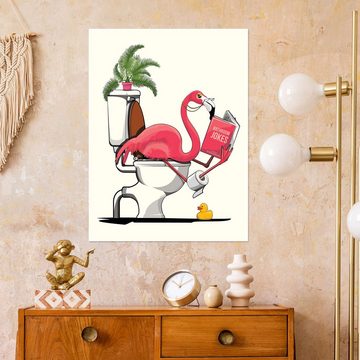 Posterlounge Poster Wyatt9, Flamingo sitzt auf der Toilette, Badezimmer Illustration