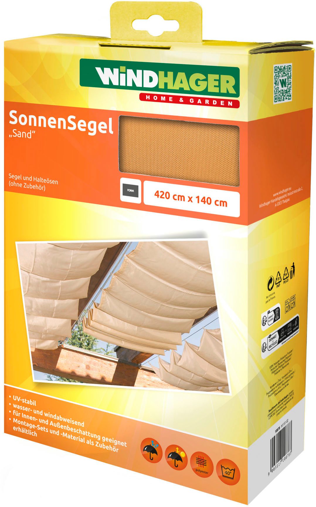 Windhager Sonnensegel für Seilspanntechnik zur Beschattung von Wintergarten und Terrasse, (1-tlg), Sonnenschutz 420 x 140 cm, sand