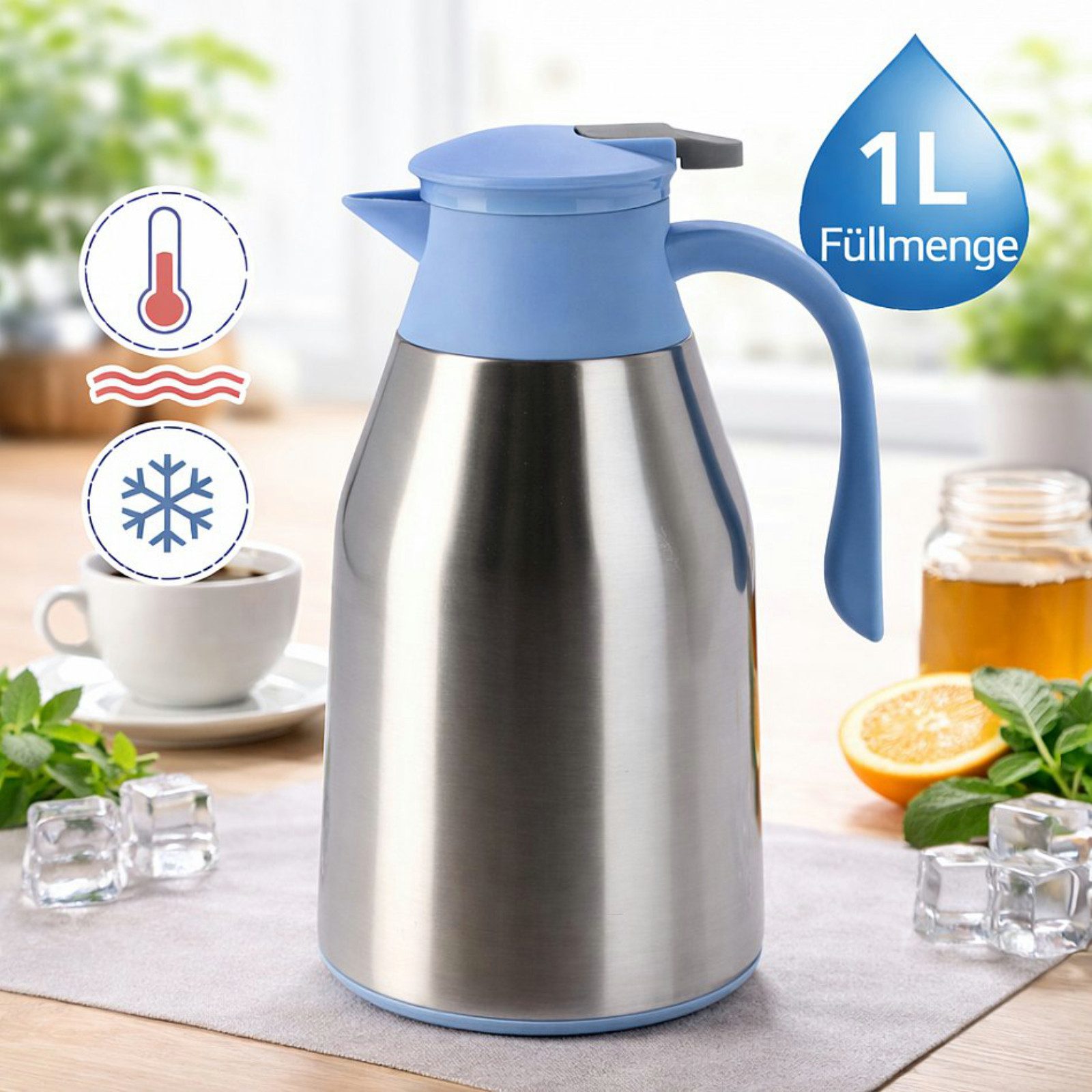 Koopman Kaffeekanne Thermoskanne Kaffeekanne Teekanne 1L Edelstahl, (1-St), Blau / Silber, Druckverschluss, 25x14cm, Pflegeleicht, bis 6h Warm