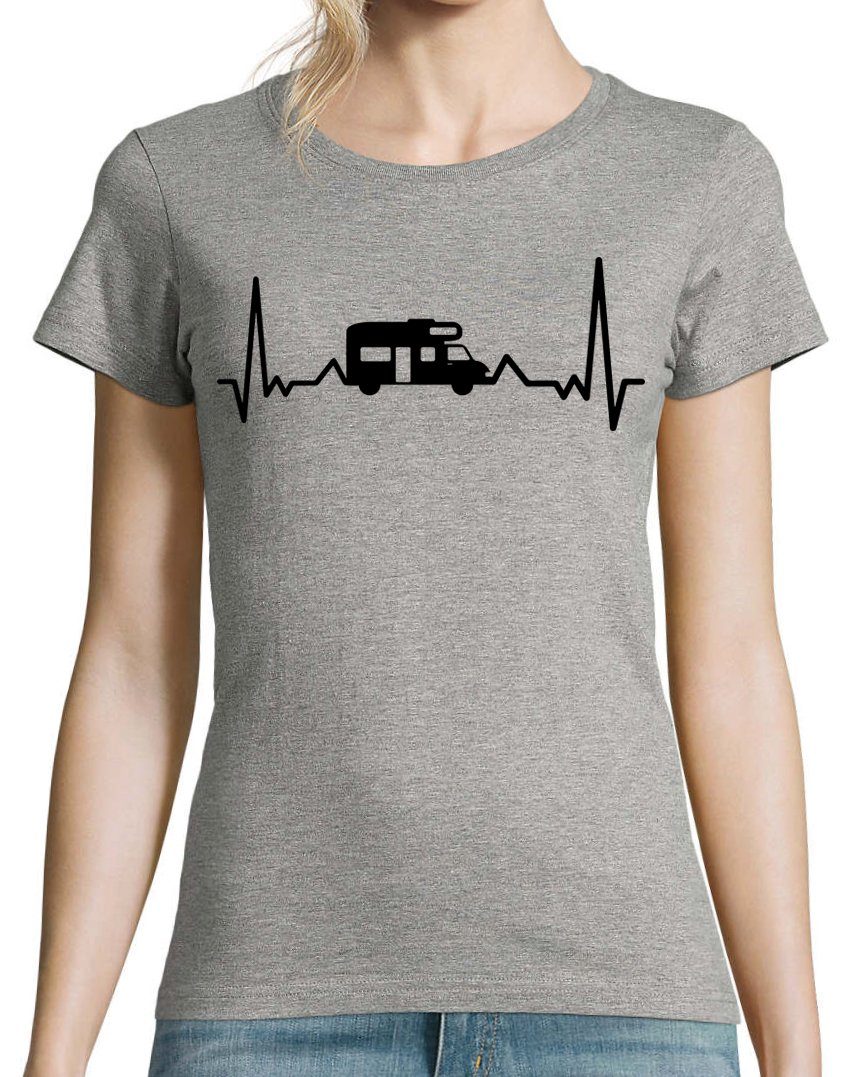 Frontprint Camping mit Herzschlag Grau Shirt Youth lustigem Designz Capming T-Shirt Damen