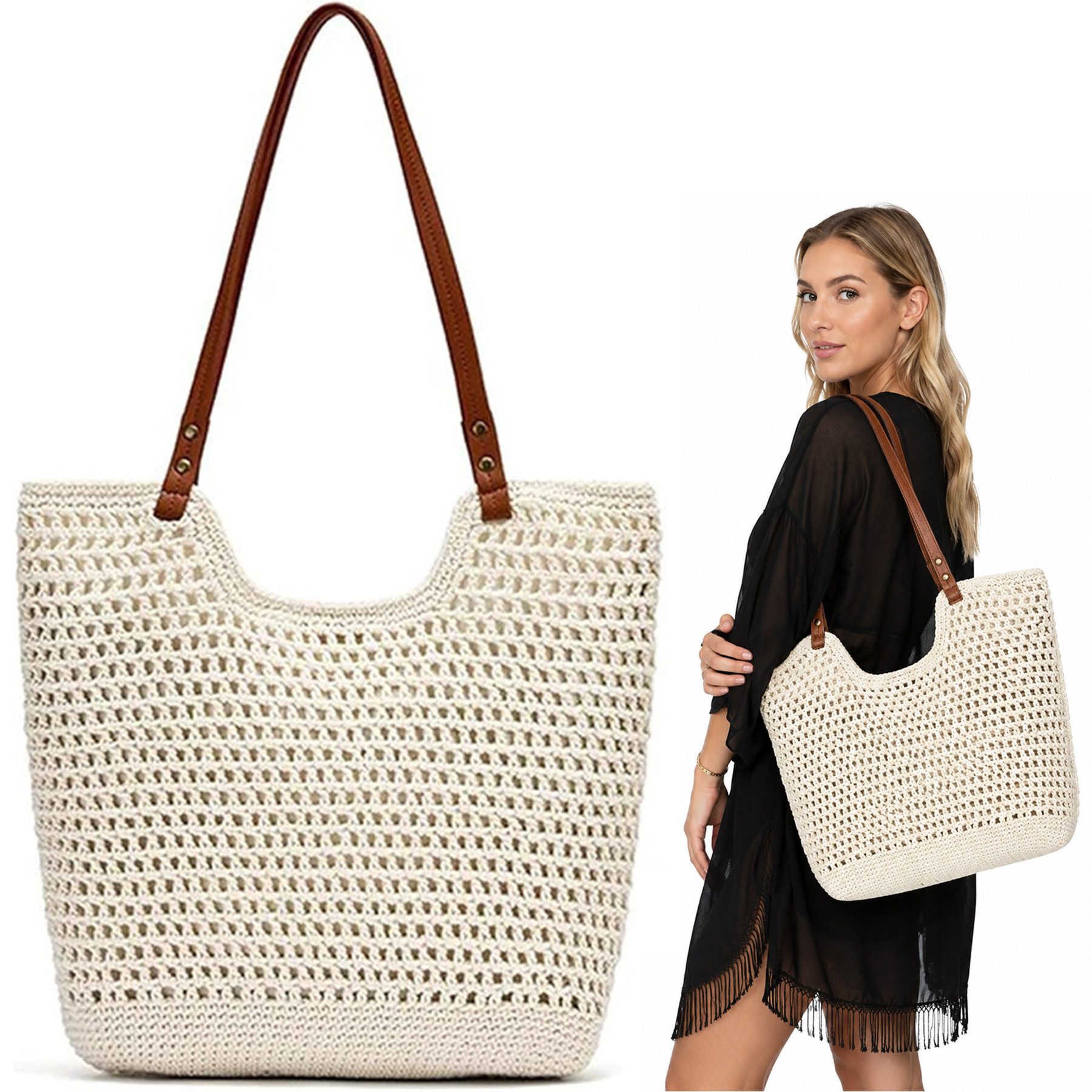 Keyura Strandtasche Sommer Strandtasche Damen Boho Häkeltasche Strand Mesh Tragetasche (Strohtasche Beach Handtasche Leicht Umhängetasche Vintage Sommertasche, Reisetaschen Tasche, faltbar Hobo Taschen, Einkaufstasche Lässige), für Reisen Einkaufen, Urlaub, Pendeln Strand Pool Fitnessstudio