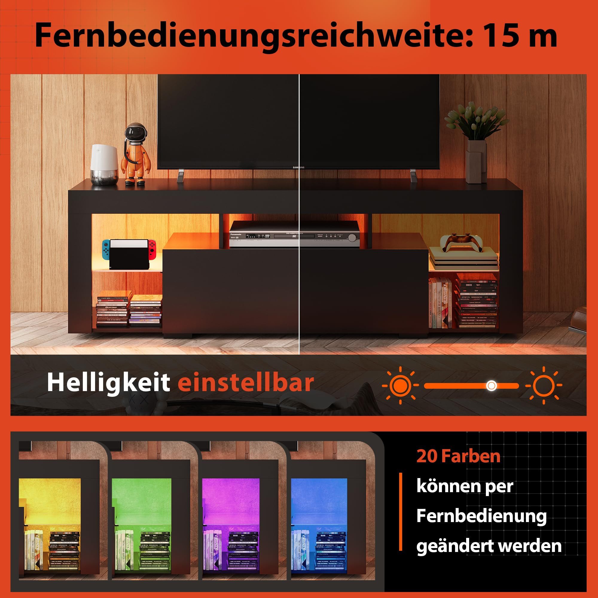 WLIVE Lowboard mit RGB-LED (20 Farben) Glasböden 135 x 45x 35cm (Fernsehtisch mit Schubladen für 50/55/60 Zoll Fernseher), Fernsehschrank für Wohnzimmer Schlafz – Bild 4 von 5