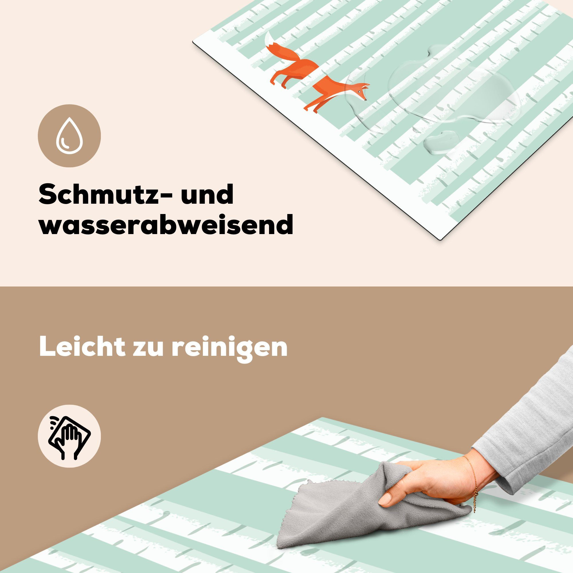 65x52 eines Vinyl, der nutzbar, MuchoWow Arbeitsfläche den cm, tlg), zwischen Mobile Eine Fuchses, spazieren, Ceranfeldabdeckung Illustration Birken (1 Herdblende-/Abdeckplatte