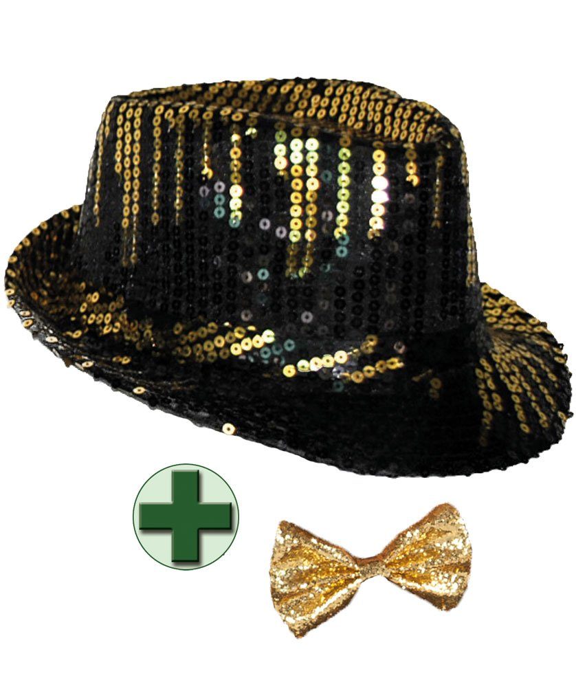 Karneval-Klamotten Kostüm Pailletten Hut schwarz gold mit Fliege gold, Glitzer Hut ideal für Silvester, Karneval, Party's, Zirkus und Show