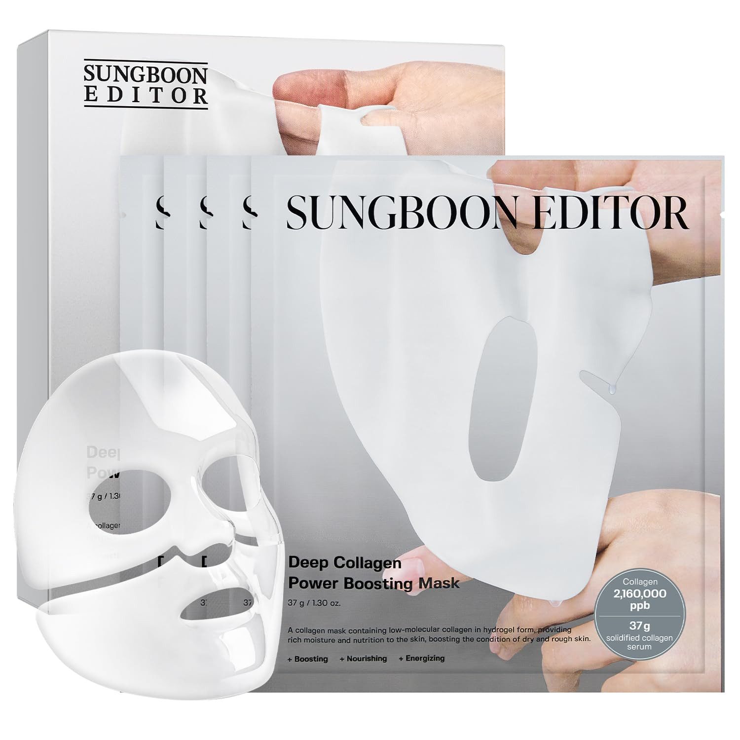 Sungboon Editor Gesichtsmaske Deep Collagen Power Boosting Mask – Koreanische Gesichtsmaske mit 2.160.000 ppb Kollagen, 9 Peptiden, Overnight & Tagespflege, für alle Hauttypen, 4 Masken à 37 g